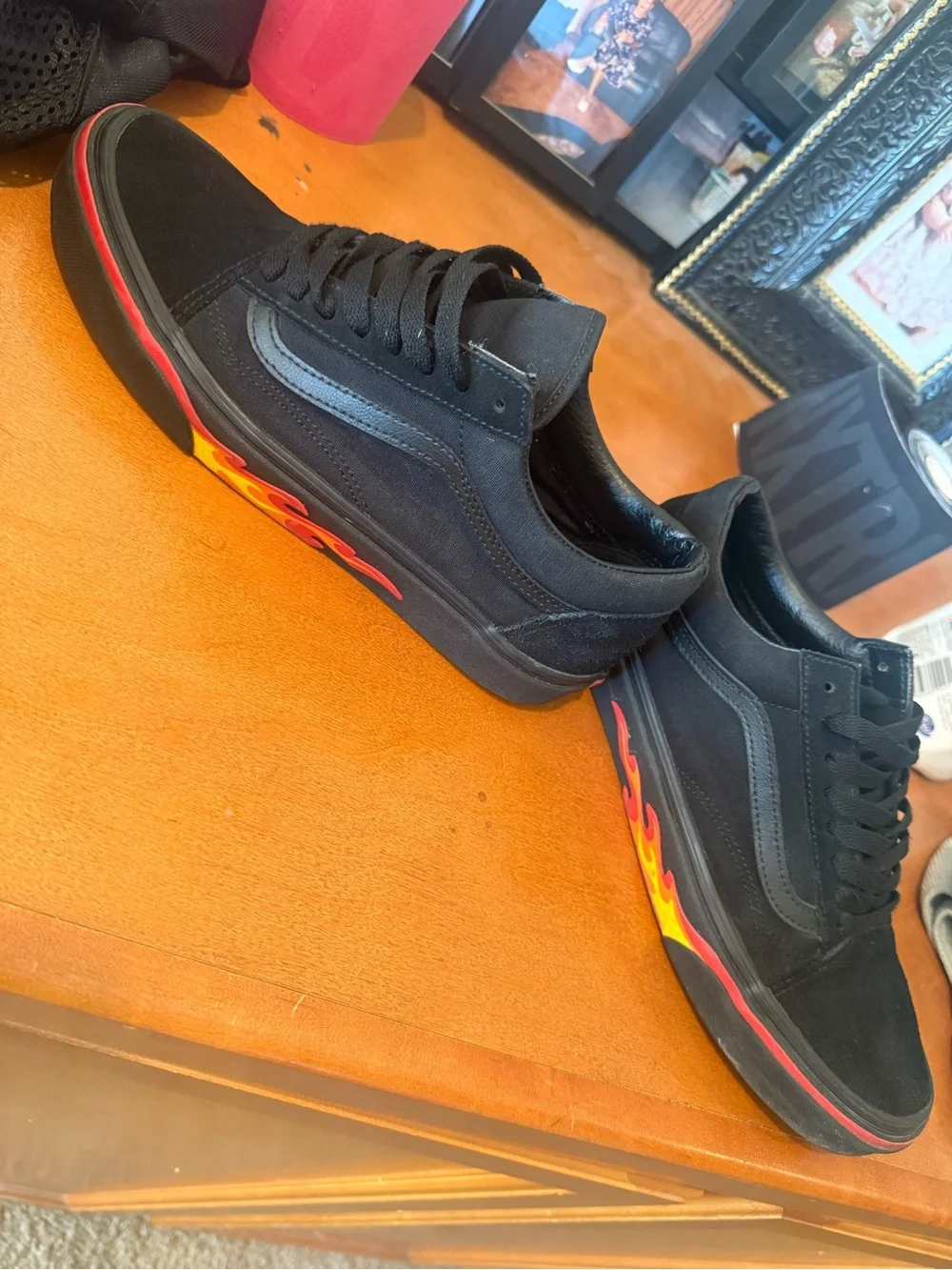 Vans Black Low-Top Sneakers with Red and Yellow Flame Detail